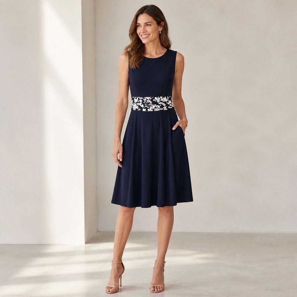 Jessica Howard Navy Blue Sleeveless Floral Waist Band A-Line Midi Dress 10P